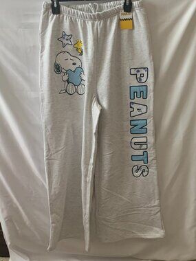 PEANUTS Snoopy Embroidered Wide Leg Fleece Lounge Pants in Lt Gray Sz LARGE